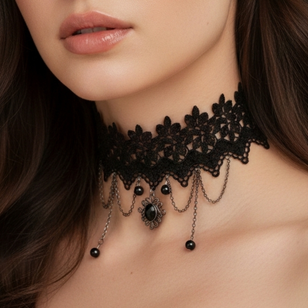 ♟️ Gothic Dangle Elegant Black Lace Choker Necklace Nwt